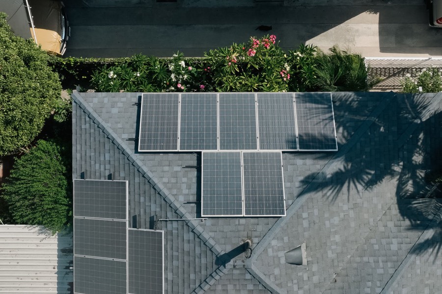 Solar panels on a Los Angeles roof, seen from above